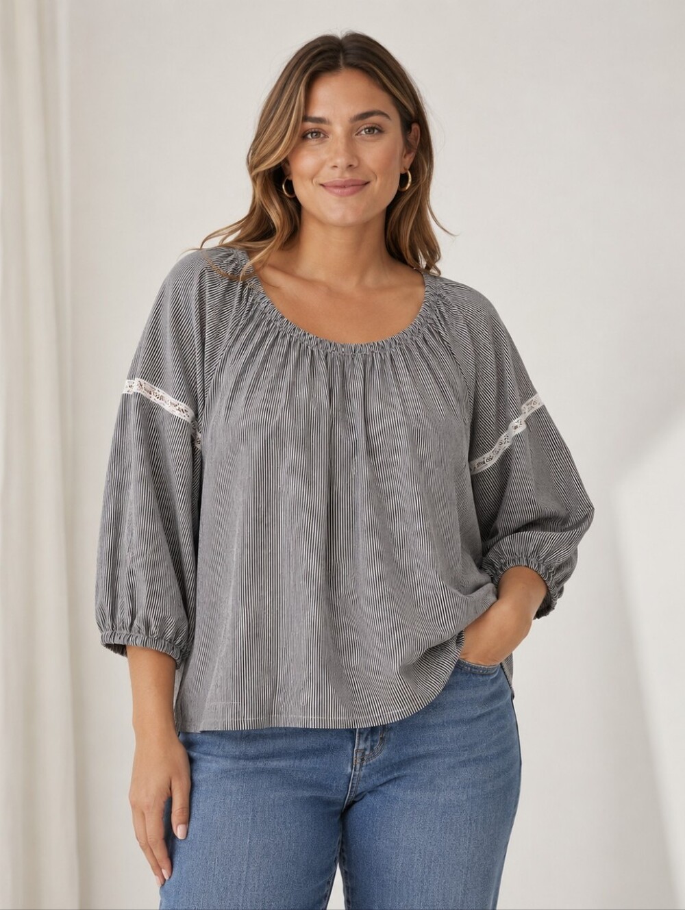 Lane Bryant Black & White Striped Peasant Tunic with Lace Trim Talla L
